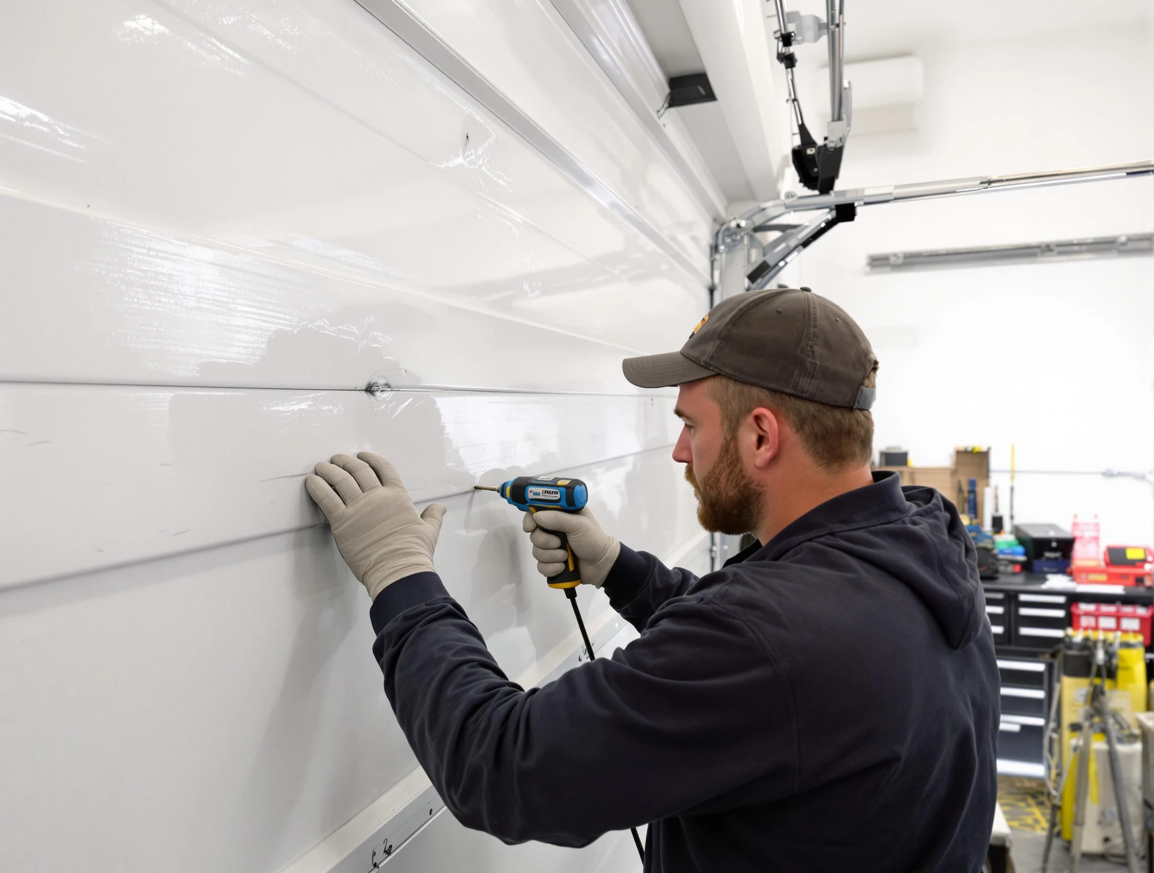 South Valley Garage Door Repair technician demonstrating precision dent removal techniques on a South Valley garage door
